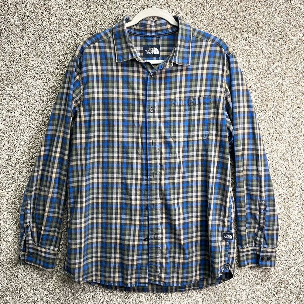 The North Face Shirt Men’s Large Blue and Green Plaid Long‎ Sleeve Button Down